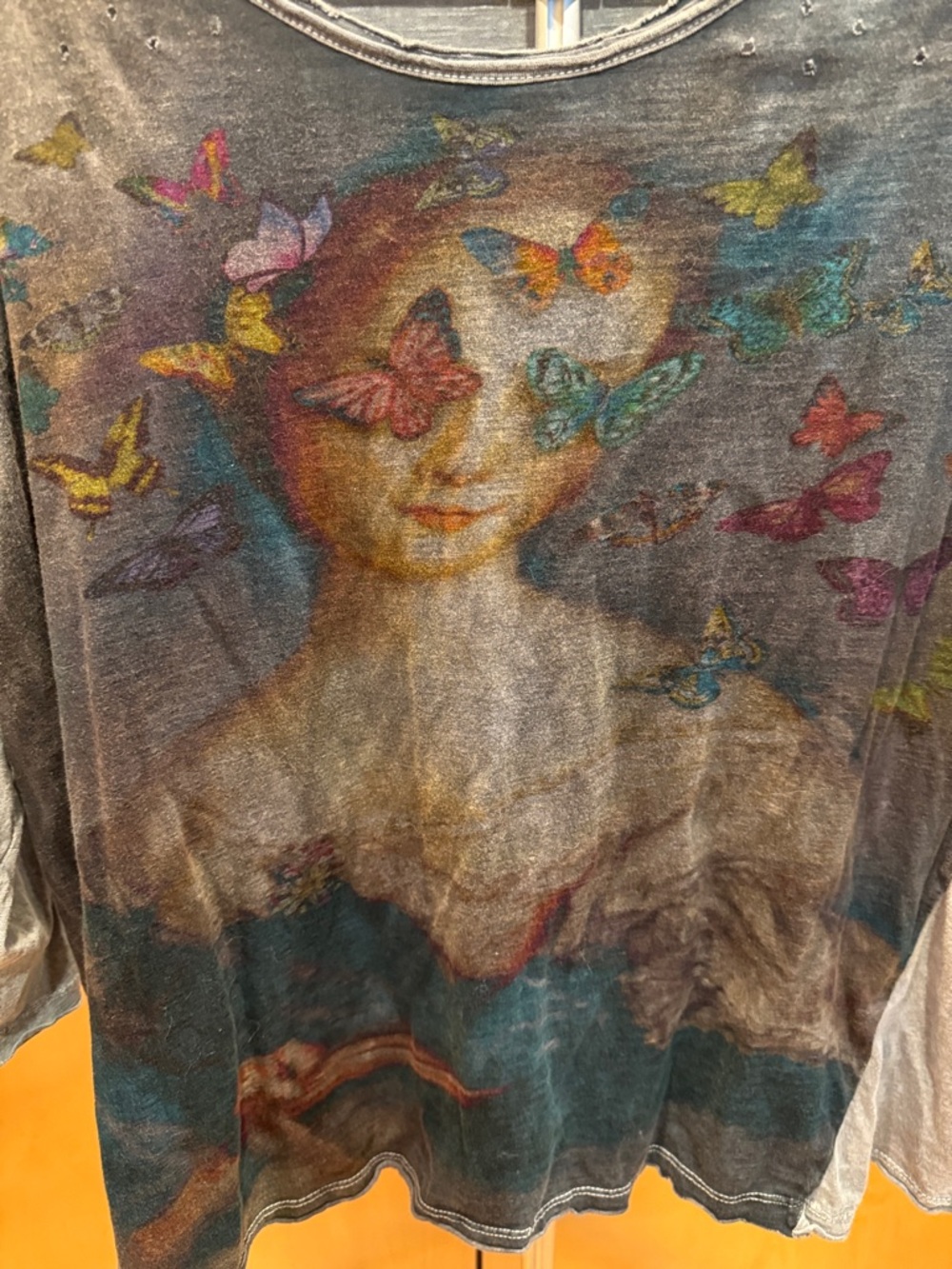 Women's Grey Long Sleeve Graphic Tee with Butterfly Art - Picture 7 of 11